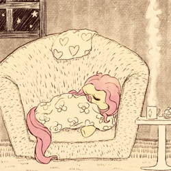 Size: 1559x1559 | Tagged: safe, artist:sigpi, derpibooru import, fluttershy, pegasus, pony, blanket, chair, chocolate, comfy, cozy, cute, eyes closed, female, food, hot chocolate, mare, night, shyabetes, sleeping, sofa, solo, window