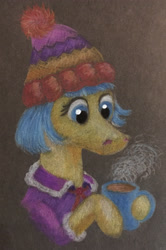 Size: 2348x3536 | Tagged: safe, artist:pony-from-everfree, coco pommel, pony, advent calendar, black paper, chocolate, clothes, cup, female, food, hat, hot chocolate, mare, solo, traditional art, winter, winter outfit