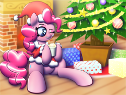 Size: 6000x4500 | Tagged: safe, artist:t.f.a.n.c.s., derpibooru import, pinkie pie, earth pony, pony, absurd resolution, chocolate, christmas, christmas tree, clothes, costume, food, hat, holiday, hot chocolate, present, santa costume, santa hat, sitting, solo, tree