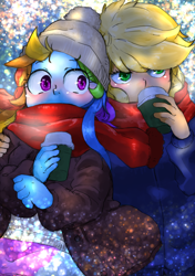 Size: 816x1158 | Tagged: safe, artist:kogarasumaru24, applejack, rainbow dash, equestria girls, appledash, chocolate, clothes, drinking, duo, female, hot chocolate, jacket, lesbian, scarf, shipping, skirt, sweater