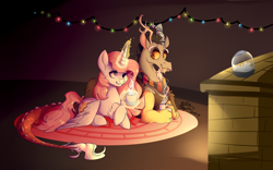 Size: 1024x640 | Tagged: safe, artist:artistofthegeeks, discord, princess celestia, alicorn, draconequus, pony, chocolate, dislestia, female, fireplace, food, glowing horn, horn, hot chocolate, lights, looking at each other, magic, male, rug, shipping, snow globe, straight, telekinesis, wings