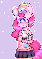 Size: 2000x2800 | Tagged: safe, artist:bunxl, derpibooru import, pinkie pie, anthro, earth pony, chocolate, clothes, cute, food, hat, hot chocolate, mittens, pantyhose, pleated skirt, scarf, skirt, snow, solo, striped pantyhose, sweater