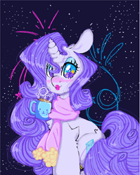 Size: 5080x6392 | Tagged: safe, artist:bunxl, derpibooru import, rarity, pony, unicorn, absurd resolution, blushing, chocolate, clothes, food, hot chocolate, lipstick, scarf, solo