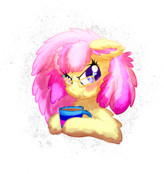 Size: 1024x1086 | Tagged: safe, artist:amura-of-jupiter, oc, oc only, oc:vanilla swirl, earth pony, pony, :t, blushing, bust, chocolate, coffee, colored ears, commission, drink, eyelashes, female, floppy ears, fluffy, food, glasses, heart, hoof hold, hot chocolate, looking to the right, mug, multicolored hair, pink mane, pouting, pouty, pouty lips, shy, simple background, snow, solo, super fluffy, transparent background, yellow fur