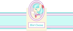 Size: 1024x442 | Tagged: safe, artist:rainspeak, coco pommel, earth pony, pony, chocolate, cup, drinking, eyes closed, female, flower, flower in hair, food, hoof hold, hot chocolate, label, mare, simple background, solo, teacup, transparent background