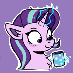 Size: 906x899 | Tagged: safe, artist:amy-gamy, edit, starlight glimmer, pony, unicorn, bust, chocolate, cropped, cute, drink, ear fluff, female, food, glimmerbetes, hot chocolate, magic, mare, mug, outline, portrait, purple background, simple background, solo, telekinesis