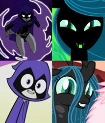 Size: 777x909 | Tagged: safe, queen chrysalis, oc, oc:fluffle puff, changeling, changeling queen, comparison, raven (teen titans), teen titans, teen titans go