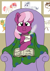 Size: 2480x3508 | Tagged: safe, artist:eillahwolf, cheerilee, pipsqueak, rumble, snails, twist, zippoorwhill, blanket, book, chair, chocolate, food, hot chocolate, solo focus