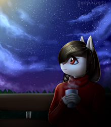 Size: 2000x2287 | Tagged: safe, artist:yutakira92, oc, oc only, anthro, earth pony, chocolate, clothes, female, food, hot chocolate, moon, night, park, stars, sweater, ych result