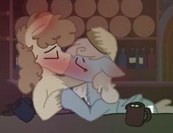 Size: 717x552 | Tagged: safe, artist:primstreak97, dust devil, parcel post, post haste, base used, blushing, blushing profusely, chocolate, coffee, colored hooves, food, gay, hot chocolate, kissing, male, marshmallow, mug, shipping