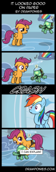 Size: 850x2600 | Tagged: safe, artist:drawponies, rainbow dash, scootaloo, tank, pegasus, pony, caught, cloudsdale, comic, flying, goggles, helicopter, missing wing, scootaloo can't fly