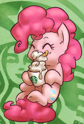 Size: 684x1000 | Tagged: safe, artist:atryl, derpibooru import, pinkie pie, earth pony, pony, cute, diapinkes, ear fluff, eyes closed, hoof hold, hot chocolate, leg fluff, licking, licking lips, mug, signature, starbucks, tongue out