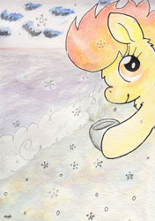 Size: 726x1031 | Tagged: safe, artist:slightlyshade, spitfire, beach, hot chocolate, snow, snowfall, solo, traditional art