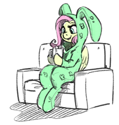 Size: 612x644 | Tagged: safe, artist:kevinsano, derpibooru import, fluttershy, pegasus, pony, bunny costume, bunny pajamas, bunnyshy, clothes, cup, footed sleeper, hoof hold, hot chocolate, kallisti, marshmallow, mug, open mouth, pajamas, sitting, smiling, solo