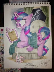 Size: 768x1024 | Tagged: safe, artist:andypriceart, twilight sparkle, blanket, book, edgar allan poe, hot chocolate, solo, thunderstorm, traditional art