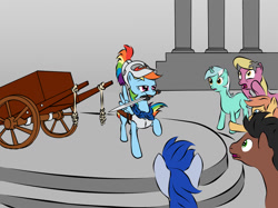 Size: 1200x896 | Tagged: safe, artist:lunarapologist, lily, lily valley, lyra heartstrings, rainbow dash, oc, pegasus, pony, alexander the great, armor, cart, female, gordian knot, greece, greek, greek helmet, helmet, history, iron age, male, mare, mouth hold, rainbow dash is best pony, southern europe, stallion, sword, the horror, warrior, warrior dash, weapon