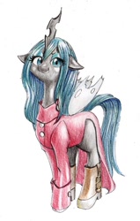 Size: 700x1100 | Tagged: safe, artist:unousaya, queen chrysalis, changeling, changeling queen, clothes, female, horn, solo