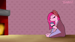 Size: 1920x1080 | Tagged: safe, artist:tomazii7, derpibooru import, pinkie pie, earth pony, pony, blanket, chocolate, eyes closed, fireplace, food, hot chocolate, pinkamena diane pie, solo