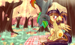 Size: 5000x3000 | Tagged: safe, artist:ruef, oc, oc only, oc:glitch, oc:lessi, earth pony, pegasus, pony, absurd resolution, autumn, autumn leaves, blushing, book, colored wings, colored wingtips, couple, crepuscular rays, ear blush, eyes closed, glessi, hot chocolate, kissing, leaves, mug, nose wrinkle, oc x oc, picnic, picnic blanket, raised hoof, shipping, sitting, spread wings, tree, upside down, wide eyes