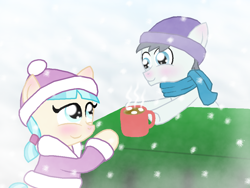 Size: 1024x768 | Tagged: safe, artist:crazynutbob, coco pommel, silver shill, chocolate, clothes, cocoshill, colt, cute, female, filly, food, hat, hot chocolate, jacket, male, scarf, shipping, snow, snowfall, straight, younger