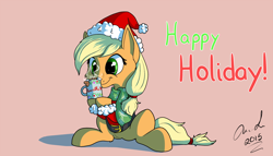 Size: 1400x798 | Tagged: safe, artist:jinyaranda, derpibooru import, applejack, earth pony, pony, chocolate, christmas, clothes, cup, food, hat, hot chocolate, santa costume, santa hat, scarf, solo