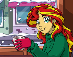 Size: 1650x1275 | Tagged: safe, artist:latecustomer, sunset shimmer, equestria girls, chocolate, cup, food, hot chocolate, looking at you, snow, snowfall, solo