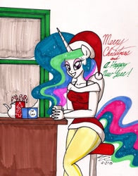 Size: 1349x1720 | Tagged: safe, artist:newyorkx3, princess celestia, anthro, candy, candy cane, chocolate, christmas, food, hat, hot chocolate, santa hat, solo, traditional art