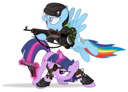 Size: 4000x2861 | Tagged: safe, artist:icaron, rainbow dash, twilight sparkle, twilight sparkle (alicorn), alicorn, pegasus, pony, battletech, crossover, eyepatch, female, glowing horn, gun, helmet, mare, mechwarrior, show accurate, simple background, transparent background