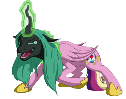 Size: 1327x1052 | Tagged: safe, artist:ossultous, queen chrysalis, changeling, changeling queen, disguise, disguised changeling, fake cadance, fake cutie mark, fangs, floppy ears, magic, shapeshifting, sharp teeth, simple background, solo, transparent background