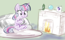 Size: 1312x810 | Tagged: safe, artist:whatsapokemon, twilight sparkle, fire, fireplace, hot chocolate, pillow, sitting, smiling, solo