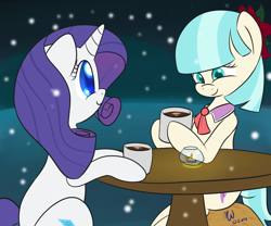 Size: 1500x1250 | Tagged: safe, artist:malwinters, derpibooru import, coco pommel, rarity, pony, unicorn, hot chocolate, mug, newbie artist training grounds, snow, snowfall