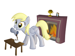 Size: 5458x4053 | Tagged: safe, artist:frogem, derpy hooves, pegasus, pony, absurd resolution, female, fire, fireplace, hot chocolate, mare, mouth hold, newbie artist training grounds, solo, this will end in tears