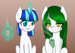 Size: 569x402 | Tagged: safe, artist:howlsinthedistance, oc, oc only, oc:alabaster moonrise, oc:souffle, pegasus, pony, unicorn, blowing, couple, green eyeshadow, hot chocolate, smiling