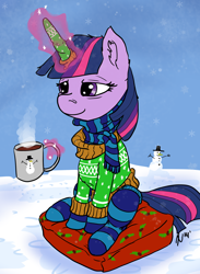 Size: 2616x3578 | Tagged: safe, artist:dombrus, twilight sparkle, pony, clothes, horn sock, hot chocolate, socks, solo, striped socks, sweater