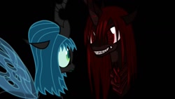 Size: 1280x720 | Tagged: safe, artist:mixermike622, queen chrysalis, oc, oc:marksaline, changeling, changeling queen, clothes, costume, dead space, elvira, marker (dead space), nightmare fuel, ponified, youtube link