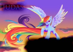 Size: 1008x720 | Tagged: safe, artist:sage-of-winds, rainbow dash, pegasus, pony, cloud, female, long hair, mare, solo, spread wings, standing, standing on cloud, stars, wings