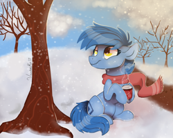 Size: 2500x2000 | Tagged: safe, artist:veesocks, oc, oc only, oc:blueberry, earth pony, pony, bare tree, chocolate, clothes, food, hot chocolate, scarf, solo, tree, winter