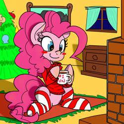 Size: 1000x1000 | Tagged: safe, artist:eduardo-rivera, artist:reiduran, derpibooru import, pinkie pie, earth pony, pony, clothes, hot chocolate, sitting, socks, solo, striped socks