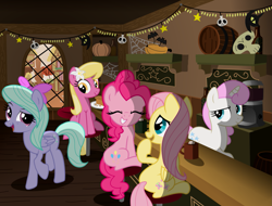 Size: 1759x1339 | Tagged: safe, artist:nerfpony, derpibooru import, flitter, fluttershy, lily, lily valley, pinkie pie, twinkleshine, earth pony, pegasus, pony, autumn, hot chocolate, laughing, nightmare night, pie, pumpkin, raised hoof, smiling