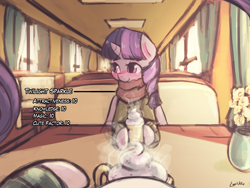 Size: 1920x1440 | Tagged: safe, artist:lumineko, derpibooru import, rarity, twilight sparkle, twilight sparkle (alicorn), alicorn, pony, unicorn, blushing, cafe, clothes, cute, dating sim, female, hot chocolate, lesbian, looking away, mare, offscreen character, pov, rarilight, scarf, shipping, shy, smiling, steam, sweater, whipped cream