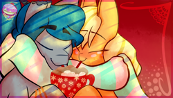 Size: 1920x1080 | Tagged: safe, artist:crazycakesunes, derpibooru import, applejack, oc, oc:hiroki, earth pony, pony, canon x oc, chocolate, clothes, cuddling, female, food, hirojack, hot chocolate, male, scarf, ych result