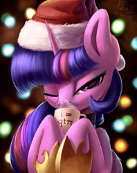 Size: 2300x2900 | Tagged: safe, artist:foughtdragon01, twilight sparkle, twilight sparkle (alicorn), alicorn, pony, bedroom eyes, chocolate, christmas, cup, cute, female, food, grin, hat, holiday, hoof shoes, hot chocolate, leg fluff, lidded eyes, looking at you, mare, math, math joke, mug, one eye closed, pi, qt, santa hat, smiling, solo, twiabetes