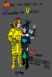 Size: 778x1151 | Tagged: safe, artist:stealthninja5, queen chrysalis, twilight sparkle, human, bionicle, clothes, costume, crossover, halloween, humanized, lego, nightmare night, takanuva, traditional art