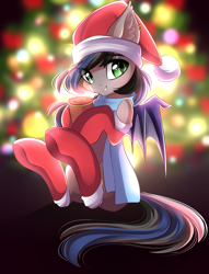 Size: 2553x3333 | Tagged: safe, artist:airiniblock, oc, oc only, oc:nightglider, bat pony, pony, bat pony oc, chocolate, christmas, christmas lights, christmas tree, clothes, commission, cute, ear piercing, female, food, hat, holiday, hot chocolate, jewelry, looking at you, mare, piercing, rcf community, santa hat, scarf, smiling, solo, stockings, thigh highs, tree, wholesome