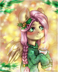 Size: 2000x2500 | Tagged: safe, artist:zefirka, derpibooru import, fluttershy, pegasus, pony, alternate hairstyle, blushing, braid, chocolate, clothes, cup, cute, female, food, hair ornament, hoof hold, hot chocolate, looking at you, mare, shyabetes, solo, spread wings, sweater, sweatershy, three quarter view, wings