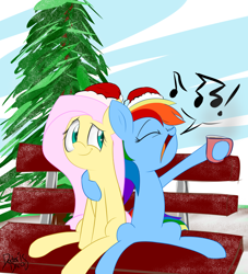 Size: 2000x2200 | Tagged: safe, artist:thedoctordisco, derpibooru import, fluttershy, rainbow dash, pegasus, pony, bench, chocolate, christmas, female, flutterdash, food, hat, hearth's warming, hearth's warming eve, holiday, hot chocolate, lesbian, shipping, singing, snow, wingless