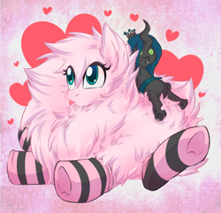 Size: 1200x1155 | Tagged: safe, artist:rainbowscreen, queen chrysalis, oc, oc:fluffle puff, changeling, changeling queen, canon x oc, chrysipuff, clothes, cute, female, flufflebetes, heart, lesbian, plushie, shipping, socks, striped socks, underhoof