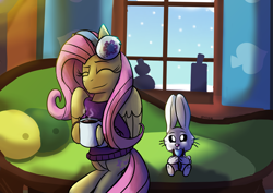 Size: 4093x2894 | Tagged: safe, artist:tkitten16, derpibooru import, angel bunny, fluttershy, pegasus, pony, chocolate, clothes, cookie, duo, earmuffs, eating, eyes closed, fluttershy's cottage, food, happy, hearth's warming, hot chocolate, sitting, smiling, snow, sofa, sweater, wings