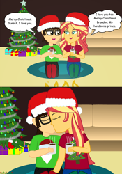 Size: 748x1069 | Tagged: safe, artist:robukun, sunset shimmer, oc, oc:brandon, equestria girls, canon x oc, chocolate, christmas, female, food, holiday, hot chocolate, kissing, male, straight