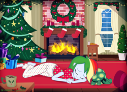 Size: 6095x4412 | Tagged: safe, artist:invisibleink, rainbow dash, tank, equestria girls, absurd resolution, bow, chocolate, christmas, christmas eve, christmas lights, christmas presents, christmas stocking, christmas tree, clothes, curtains, feet, fireplace, food, gift wrapped, holiday, hot chocolate, pajamas, santa claus, sleeping, snow, stars, tree, wreath